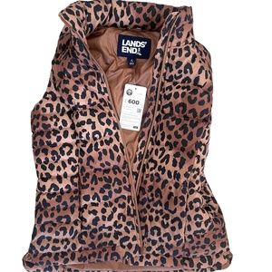 Lands' End Women's 600 Down Leopard Print Puffer Vest BRAND NEW